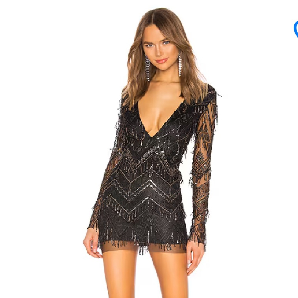 COPY - Superdown Nia Mini Dress sequin fringe black gold club Revolve $108 Sz XS